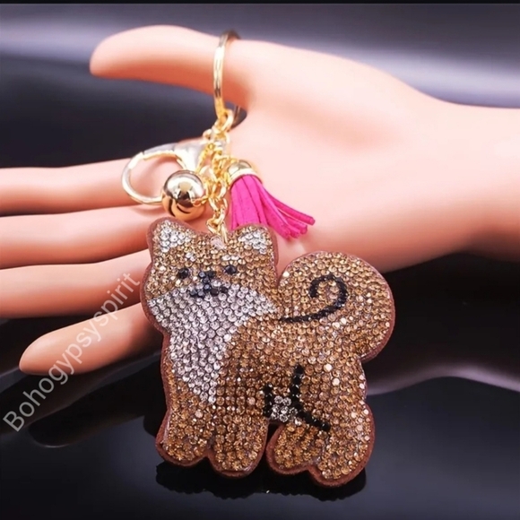 Bling Shibu Dog Crystal Rhinestone Keychain Bag Charm With Pink Tassel - Picture 3 of 14